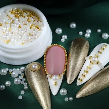1 Кутия бели полукръгли мъниста за нокти-арт, 3D имитация на перли с мъниста Gloden, френски дизайн нокти, маникюр, декорация с ръцете си