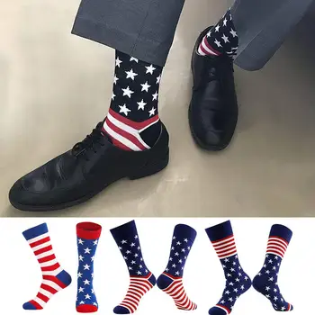 1 Чифт мъжки памучни чорапи в звездна и ленти, Чорапи с флага на сащ, забавни чорапи в Деня на Независимостта, мъжки чорапи, спортни чорапи B9P2