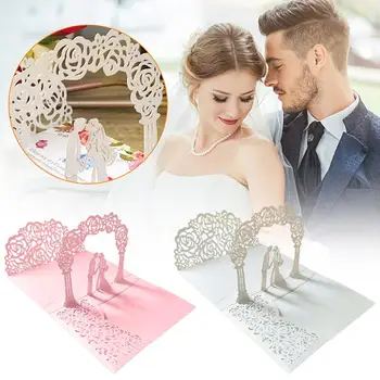 10шт 3D Pink Up Покана карта на сватба булката и младоженеца, gatefold в джоба, елегантни джобни поздравителни покани на годишнина от сватбата Y5B4