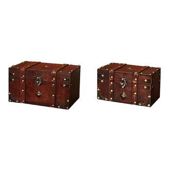 2 Бр Ретро Съкровище Ретро Дървена Кутия за съхранение на бижута в античен стил Органайзер Голям и малък