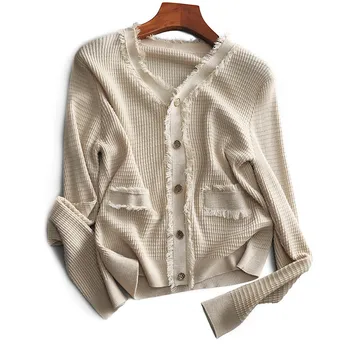 2021 Нов пролетен пуловер от фина тел, с дълъг ръкав, блуза, Корейски стил, Темпераментен ред, Крайградски пуловер с V-образно деколте и джоб, D965