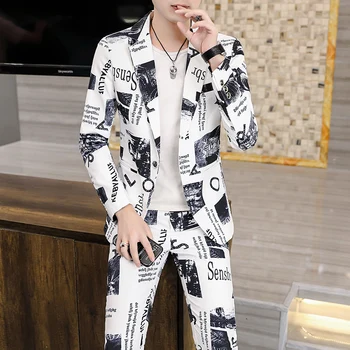 2023-Бутик (Сако + панталон Мъжки Моден Бизнес Случайни Корейски Джентълменско сватбен Елегантен костюм от 2 теми в британския стил с принтом