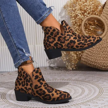 2023 Дамски обувки с високо качество, Зимни дамски обувки Смесени цветове, Леопардовый разпечатки С остри пръсти, Дамски обувки на нисък ток от Флока с цип