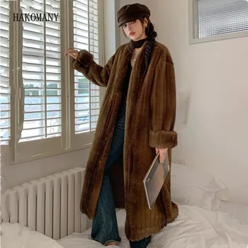 2023 Дамско сако с V-образно деколте и дълъг ръкав, свободна топло Макси Дълго яке, палто, зимна реколта кафяво палто, с релефно райе, стилни палто от изкуствена кожа