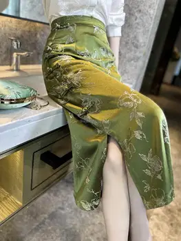 2023, зелена реколта пола с копчета рокля в китайски ретро-стил, дамски годишна елегантна пола с висока талия и намаляване на s297