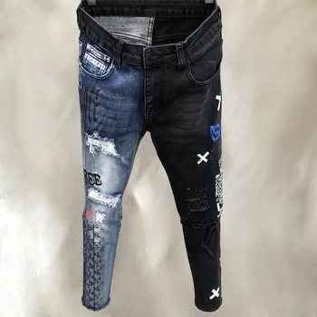 2023 Контрастен цвят, геометричен модел, дънкови дънки в стил хип-хоп, Скъсани дънкови панталони, плътно прилепнали стрейчевые дънкови панталони, дънкови панталони за мъже