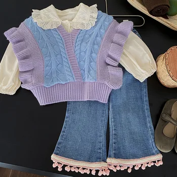 2023 Лейси стоп-моушън риза с деколте, вязаный жилетка, плюш, дънки, Новите модни комплекти от сладък памук за момичета, детски Корейски