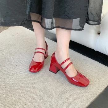 2023, Новостите на пролетта, Корейски обувки на плоска подметка, модни обувки, Мери Джейн, дамски обувки с квадратни пръсти, червени, черни дамски обувки-лодка от изкуствена кожа в ретро стил