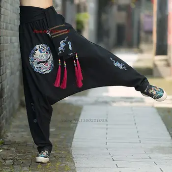 2024 зреещи с бродерия китайски дракон женски национални реколта памук спално бельо, зреещи с етнически кичури на широки панталони