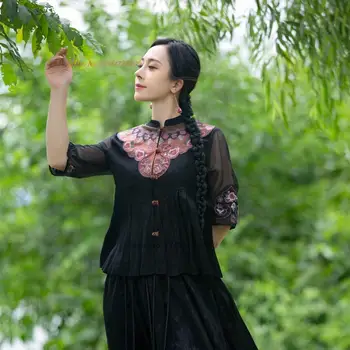 2024 източна блуза с бродерия под формата на национален цвете традиционен китайски мрежест ръкав, лоскутные върховете hanfu, етническа реколта блуза