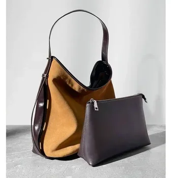2024 Луксозна марка Мързел Suede Tote Bag Нишевый дизайн Ретро Голяма чанта голям-скитник от телешка кожа през рамо