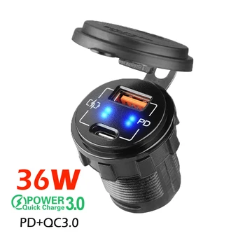 36 W PD + QC3.0-Бързо Зарядно Устройство за Автомобил 12-24 В Автомобилната USB-Изход с Два Порта за Захранване Led Водоустойчива За Мотоциклет Лодка Suv