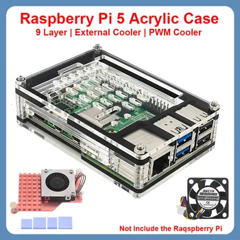 9-Слойный акрилен корпус Raspberry Pi 5, Защитната обвивка, Допълнителен Вентилатор за охлаждане, Медни / алуминиеви Радиатори, Кутии за Raspberry Pi 5