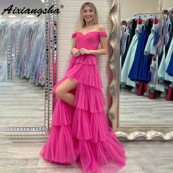 Aixiangsha Блестящ Ярко-Розов тюл с открити рамене, ламинирано Дълга рокля за абитуриентски бал с висока цепка, вечерна рокля за абитуриентски бал за жени