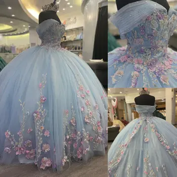 ANGELSBRIDEP Светло Синьо Буйни рокли с 3D цветя за прекрасни момичета, апликации принцеси, Абитуриентски Рокли за бала на 15 години