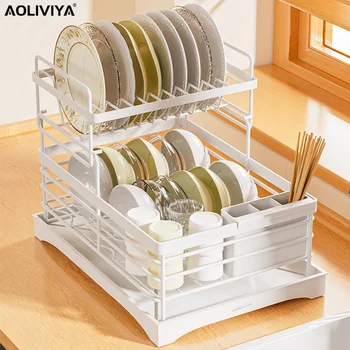 AOLIVIYA Кухненски рафтове за съхранение на съдове, Органайзер за пръчици за хранене, Двупластова маса, Поставка за чинии за миене на съдове, Поставка за чаши