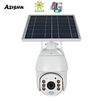 AZISHN Слънчева енергия Панел 1080P PTZ 4G IP Камерата е С Двупосочна Аудио Външна Камера за Сигурност Sim и SD Карта за Безжична Движение PIR
