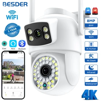 BESDER 4K 8-мегапикселова IP камера PTZ, в открито с два екрана за откриване на човек ВИДЕОНАБЛЮДЕНИЕ Wifi Камера за наблюдение на 4-Мегапикселова защита iCSee App