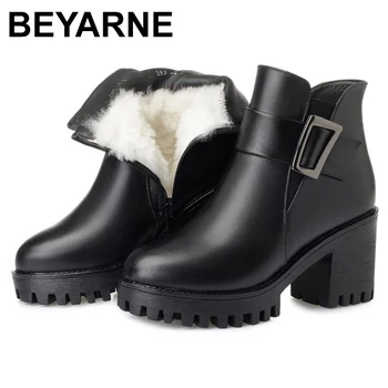 BEYARNE/2021; черни ботильоны; дамски зимни обувки от естествена кожа на платформа; луксозни вълнени ботуши на ток; женски