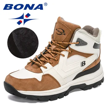 BONA, нови дизайнерски зимни обувки, плюшени топли зимни обувки, мъжки улични туристически обувки, мъжки устойчива на плъзгане обувки на платформа с високи берцем