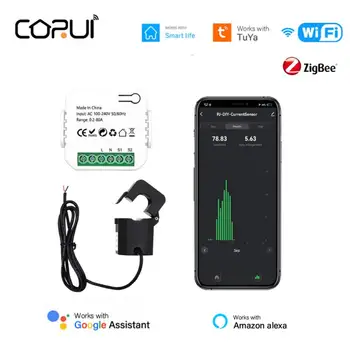 CORUI Sasha WiFi/ Zigbee Power Monitor 80A С клипс трансформатор на ток Smart Life кВт*ч Статистика на потреблението на енергия