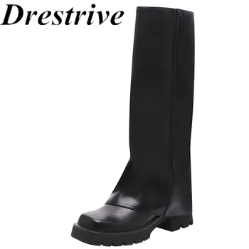 Drestrive/ Дамски ботуши до коляното от волска кожа, Ново прием на 2023 г., Модерен зимни обувки в гъст средно обувки с квадратни пръсти, платформа, светкавица