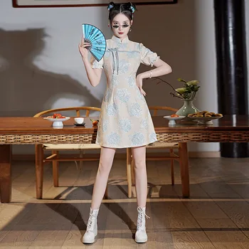 FZSLCYIYI Сексуално китайското шифоновое рокля Ципао с яка-часова, трапецовидна форма, с пищни ръкави-ципао, ежедневното вечерна рокля