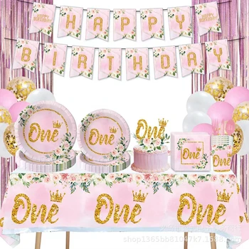 Girls One Happy First Birthday прибори за Еднократна употреба, Розово чиния, Салфетки, чаша, Шапка за душ бебе, рожден ден на 1 година, декор