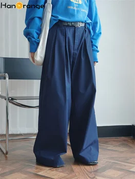 HanOrange 2024 Пролетта Прости плисирани панталони с висока талия и широки штанинами, Женски Свободни ежедневни панталони от чист памук, женски бели и тъмно сини