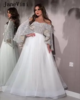 JaneVini Блестящи вечерни рокли в арабски стил от Дубай, на по-големи размери, с открити рамене, с дълъг ръкав, от бял тюл, вечерни рокли за партита