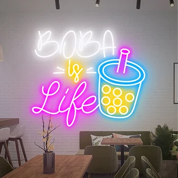 Led Изработени по Поръчка Неонова реклама Boba Is Life Неонови Надписи Bubble Tea Night Light за Магазин Boba Open Display Wall Decor Art Светлини Лампа