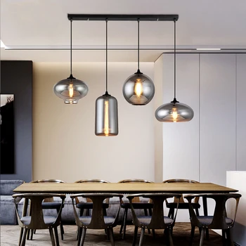 Led окачен лампа в стил ретро в скандинавски стил за хранене, на Кухненския плот, бар-шкафове, спални, Черно-сиво стъкло, Тавани полилей E27