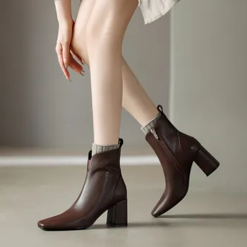 MoonMeek 2024, Нови обувки от естествена кожа, Дамски есенни и зимни обувки на висок ток, Модни ботильоны, Офис дамски обувки