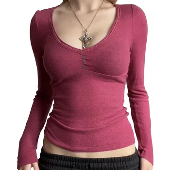 Musuos/ Есенно-пролетни дамски тениски, обикновена копчета, V-образно деколте, дълъг ръкав, прилепнали дамски потници, ежедневни градинска дрехи, размери S, M, L