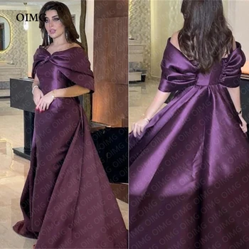 OIMG Реколта лилави сатенени вечерни рокли трапецовидна форма Женски арабски вечерни рокли с отворени рамене и без презрамки и дължина до пода