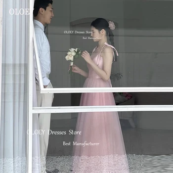 OLOEY Проста Работа-розови тюлевые сатенени вечерни рокли Korea Дама за бала, сватбена фотосесия, вечерна рокля с лък, рокли за булката