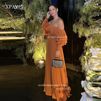 XPAY Секси абитуриентски рокли ярко-оранжев цвят с открити рамене, на много Нива арабски дамски официални рокли с дълги ръкави, официална празнична рокля