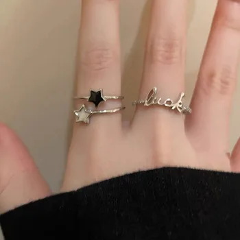 Y2K Бижута Звезден контраст Двухслойное пръстен с букви Женски корав пръстен в стил пънк Модно индивидуално пръстен на показалеца Аксесоари за момичета