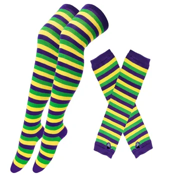 Аксесоари за женски костюми от 80-те, шарени чорапи в контрастен цвят до бедрата + комплект нарукавников