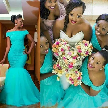 Африкански сватбени рокли за гости Тюркоазени рокли на шаферките в стил русалка с открити рамене, Аквамариновые дълги вечерни рокли за партита