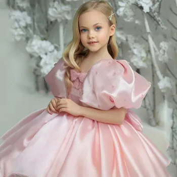 Буйни рокли Асилуэта с къс ръкав за момичета-цветочниц с лък, перли, сатенени рокли за вашата сватба парти за принцеси
