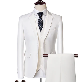 Бял мъжки костюм Lansboter, нов монофонични, оборудвана, 3 бр., бутиков джентълмен, класически бизнес модни дрехи, палто, жилетка с штанами