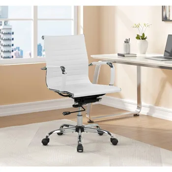 Бял офис стол с ребрена облегалка от изкуствена кожа Офис стол с регулируема височина за тийнейджъри и възрастни, Безплатна доставка на мебели