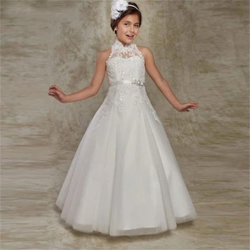Бяла сватбена рокля за момичета, цветенце, дантелено рокля с аппликацией от кристалните искри за малко момиче, вечерни рокли за Първи Св. Причастие