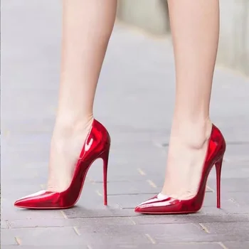 Високите токчета с червени подметки от лачена кожа, нови пикантни тънки токчета с лазерен покритие в червен цвят, модерен и универсален женски фини обувки с неглубоким деколте