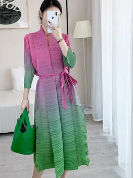 Висококачествено плиссированное рокля в контрастен цвят за жени, елегантни рокли Миди с отворени шевове и колан, дамски празнична облекло 2023, пролет