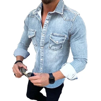 Всесезонни мъжки ежедневни ризи приталенного намаляване, дънки, ризи и блузи с дълъг ръкав, блузи с яка-ревери и джобове, мъжки дрехи копчета