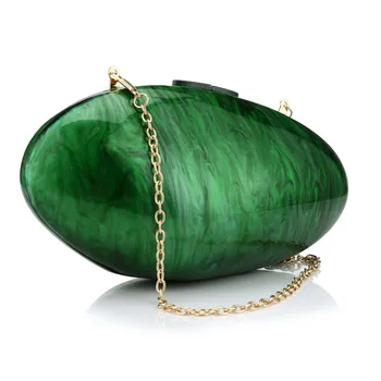 Геометричен акрилни клатч с веригата, Мрамор Зелен Акрил в чантата си, овална дизайнерска модна чанта през рамо, Летни чанти за ръце