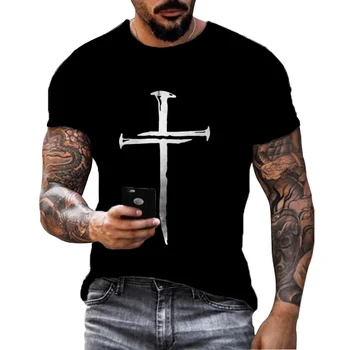 Години Двойка Универсални Черни тениски с Кръста на Христос Исус, Прости Принт, Мъжки Ежедневни ризи с Къс ръкав И Кръгло Деколте, Всекидневни Свободен Топ