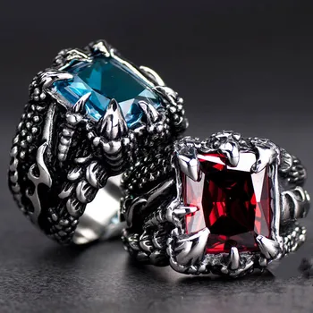 Готическа синьо, червено, черно кристално пръстен с нокът дявола и дракона, на тенденциите на мъжката мода, луксозна ежедневното улично корав пръстен за райдър, бижута